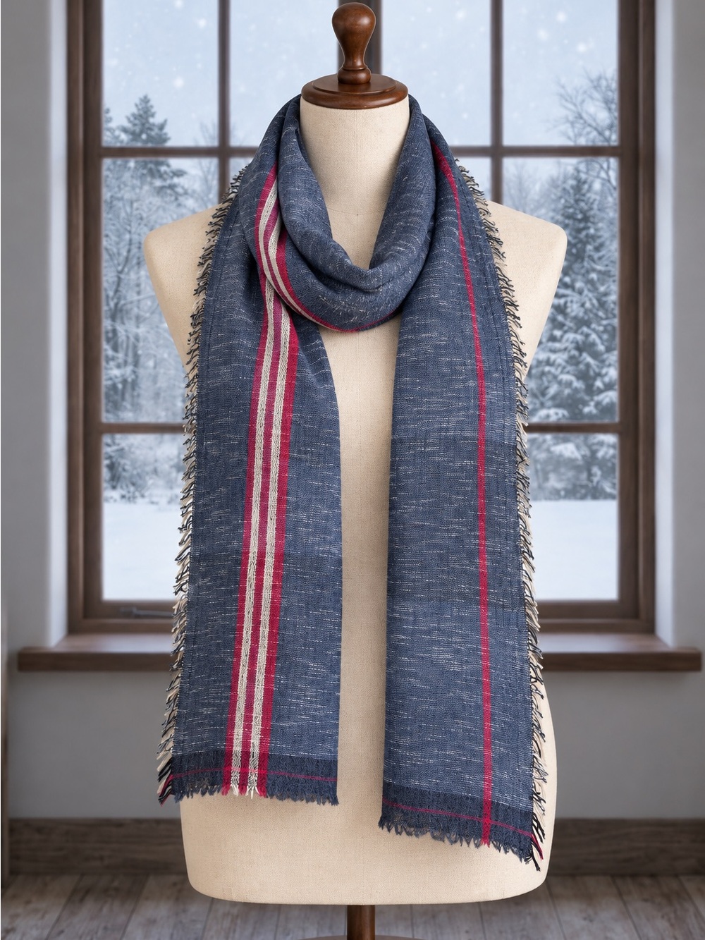 Cecchi e Cecchi Italian Vintage Scarf Blue Red Cream Striped Fringed
